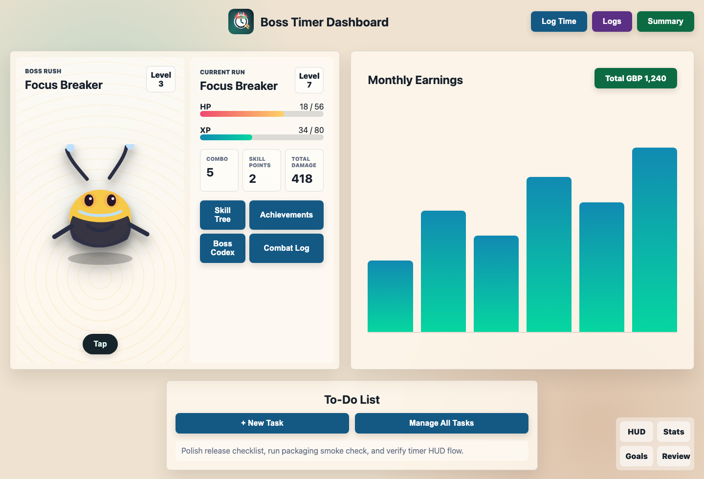 Boss Timer dashboard with boss rush arena, progress meters, quick actions, and task tools