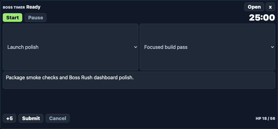 Boss Timer compact timer HUD with project fields and quick submit controls