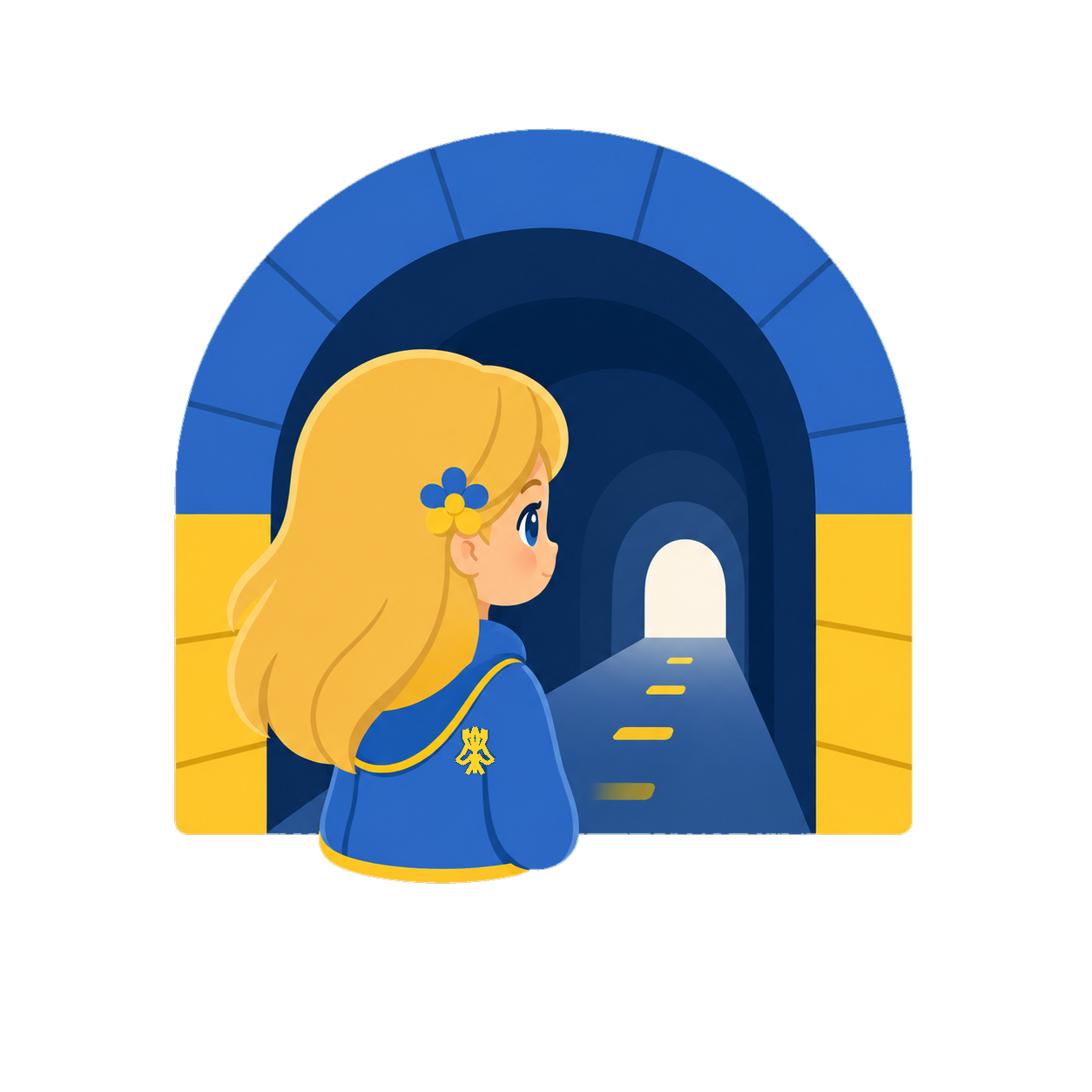 Illustration of a girl looking into a blue and yellow tunnel