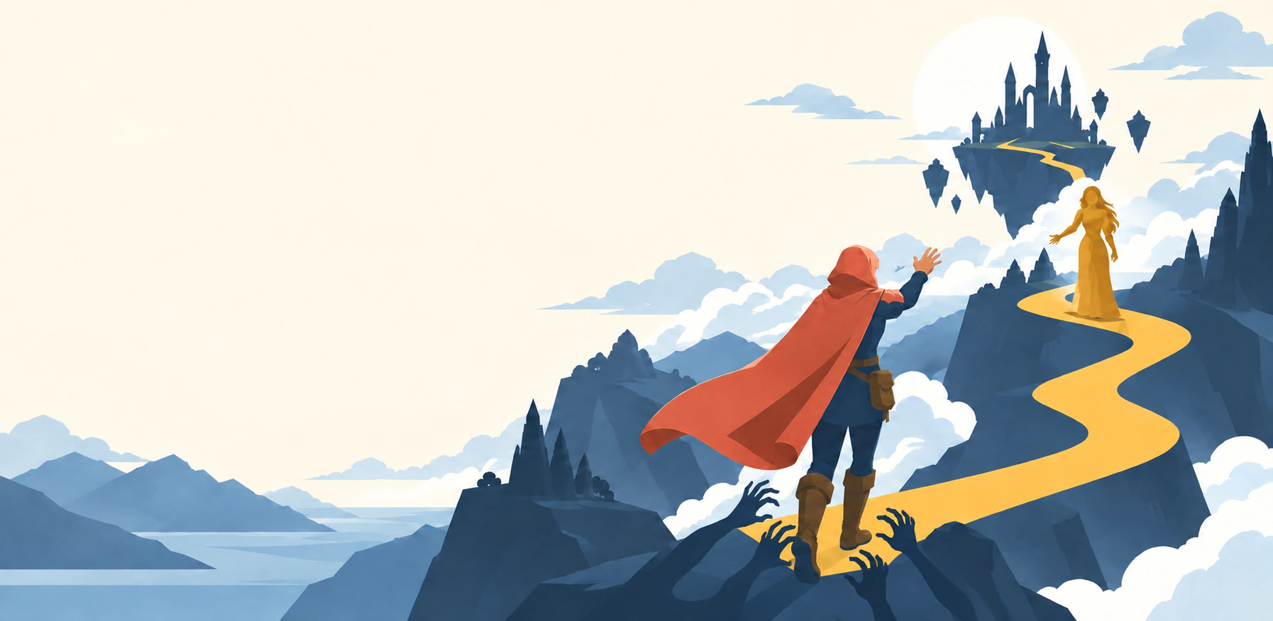 A traveller reaches for her future self along a golden path to a castle.