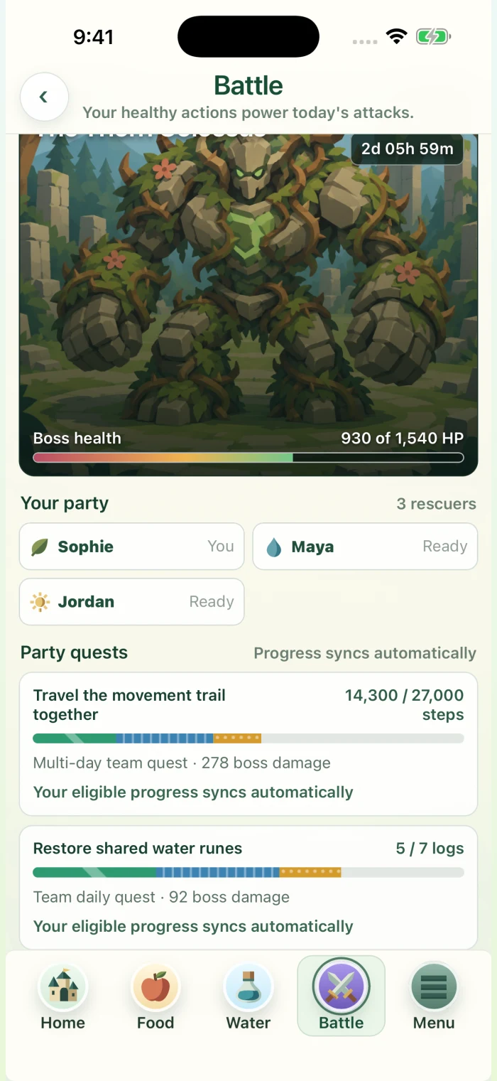 The actual co-op boss screen showing party progress and shared quests.
