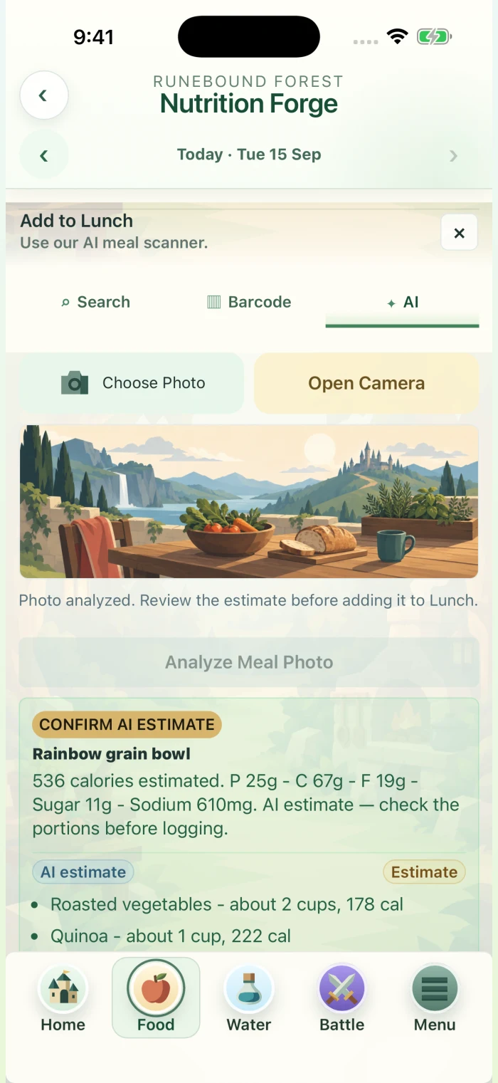 A meal photo and editable food estimates in the game.