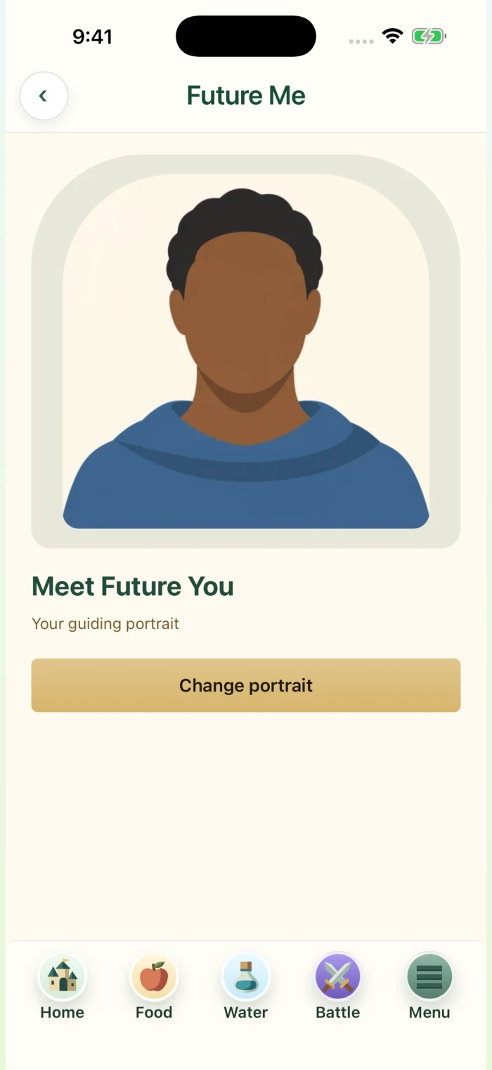 The game's Future Me portrait and personal journey screen.