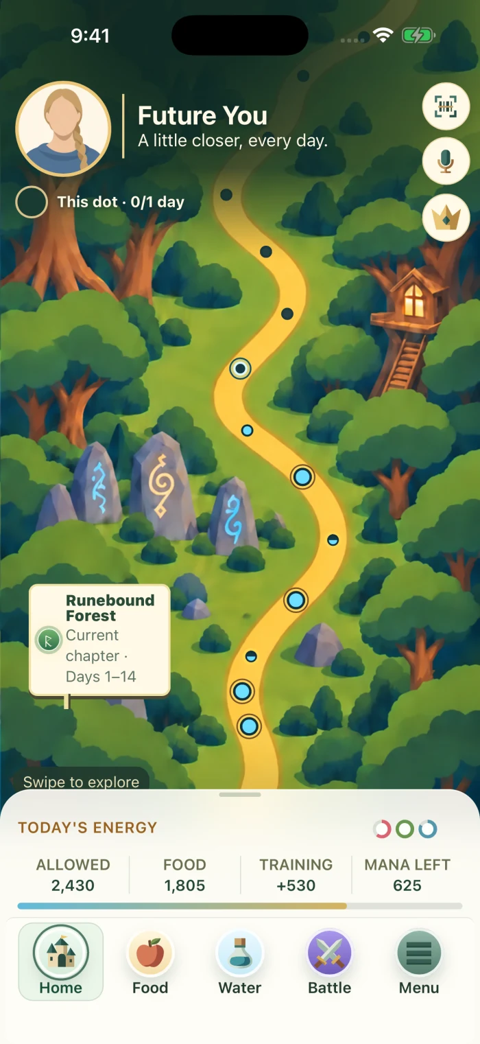 The actual game home screen with a forest route and daily activity progress.